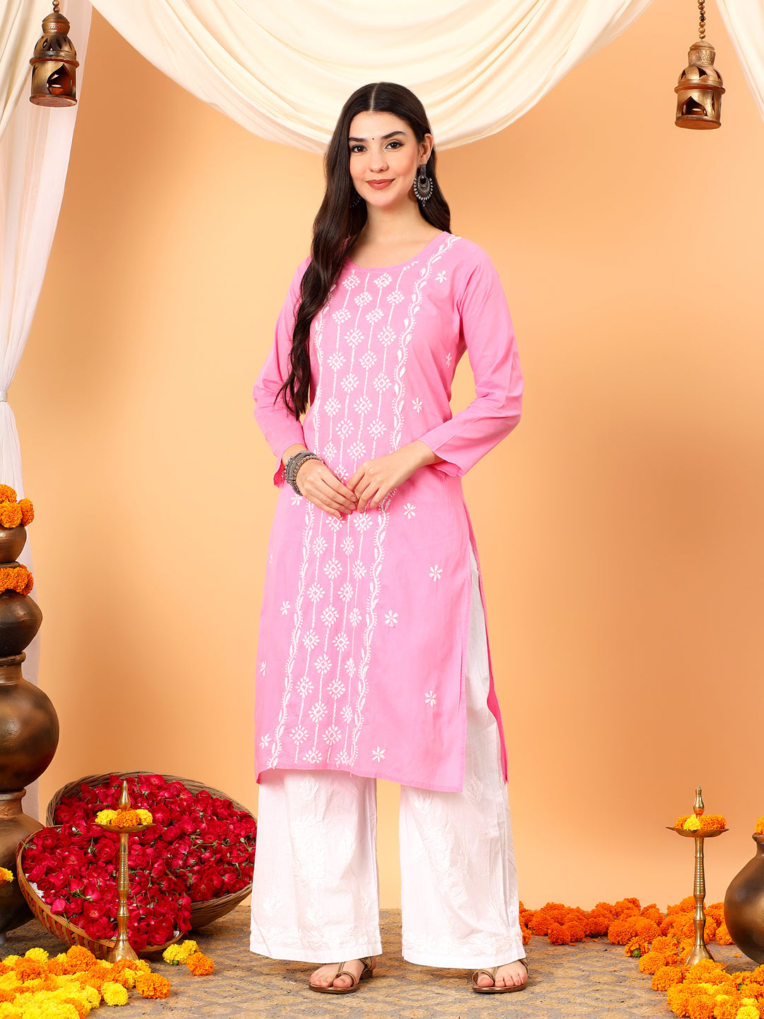 Pooja Cotton Chikankari Straight Kurta