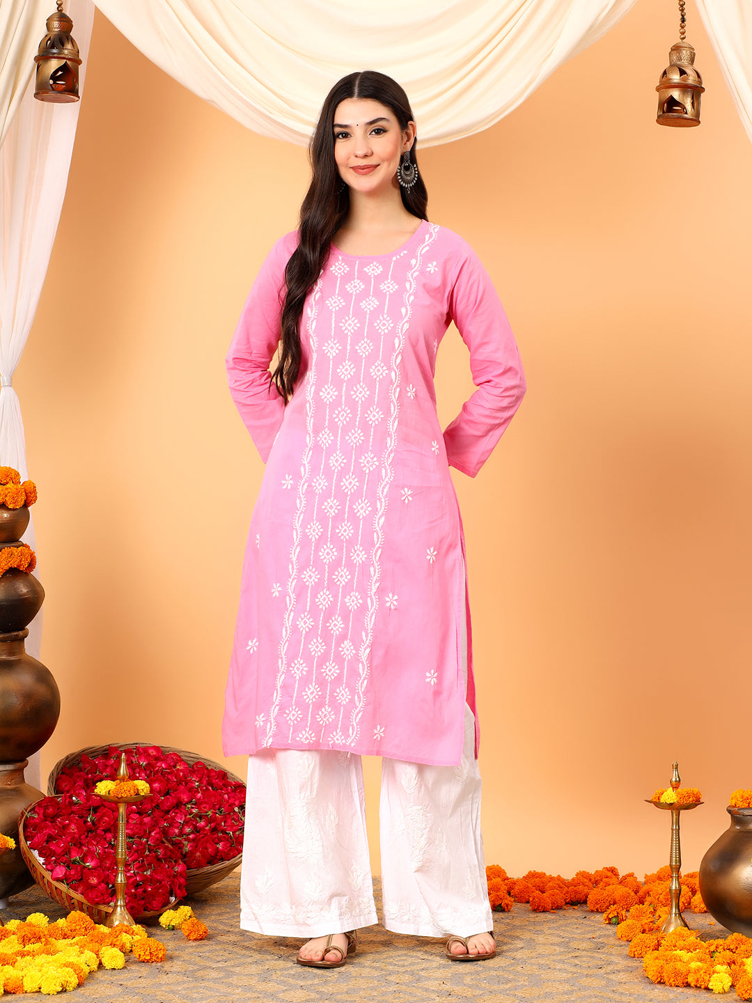 Pooja Cotton Chikankari Straight Kurta