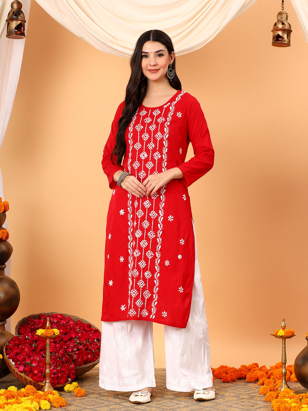 Pooja Cotton Chikankari Straight Kurta