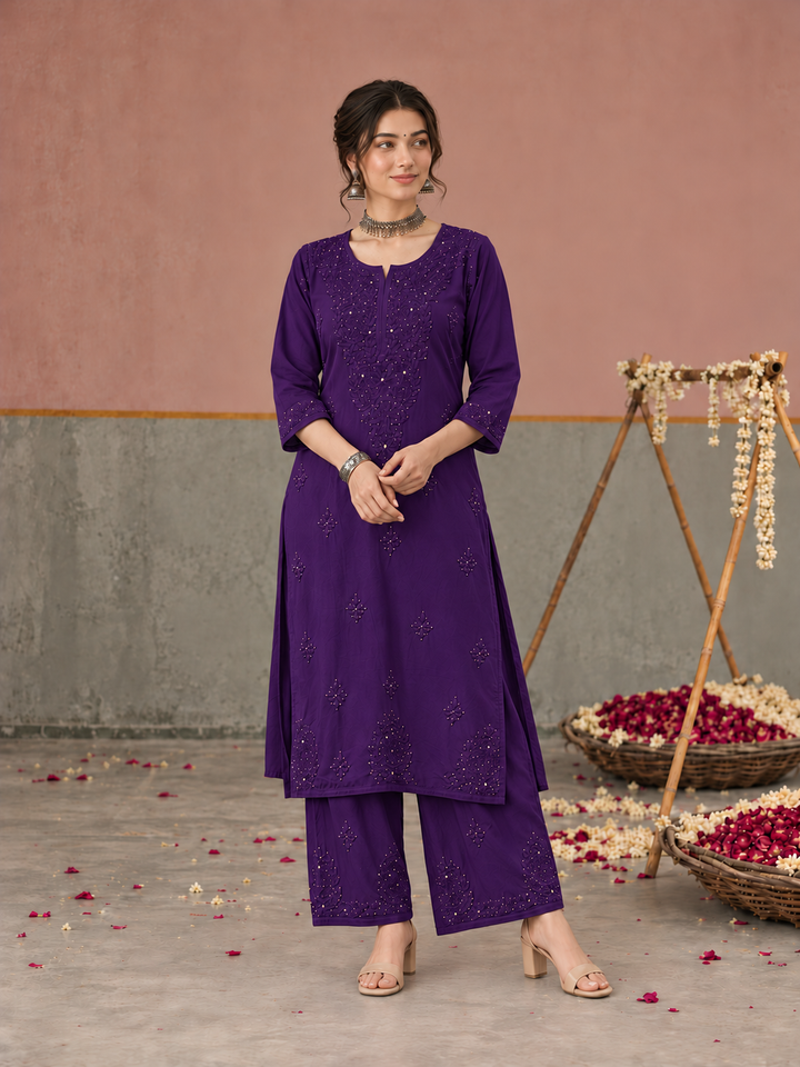 Avika Rayon Chikankari Mukaish Co-ord Set
