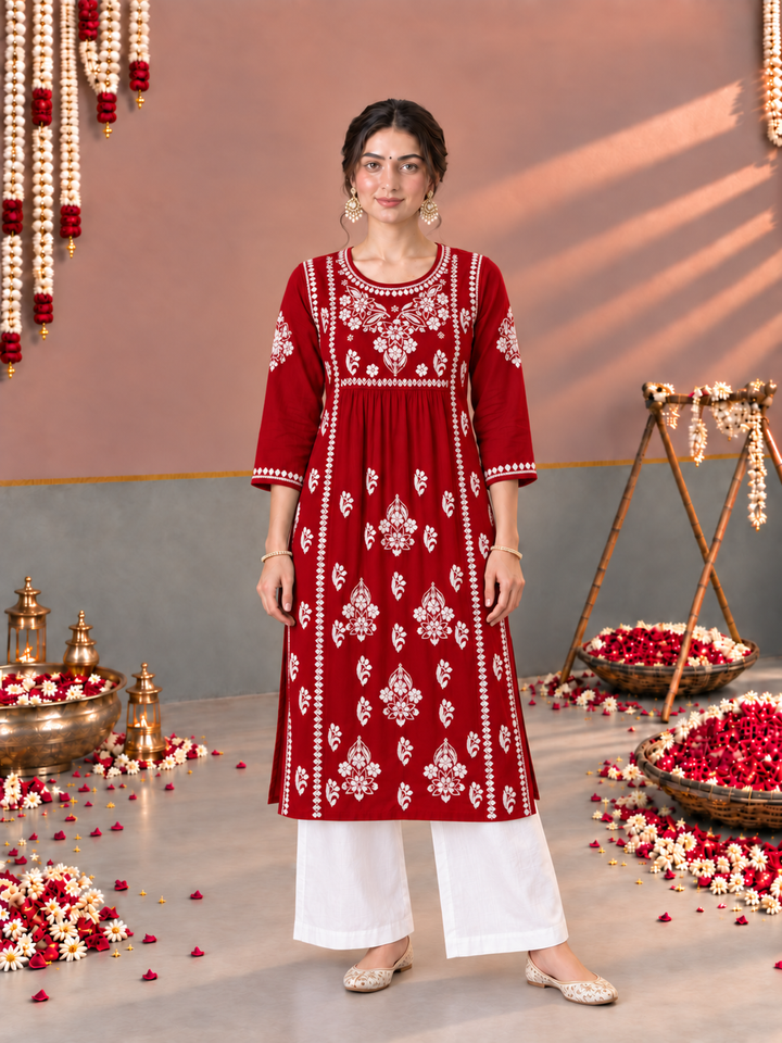 Sonia Chikankari Rayon Nyra-Cut Kurta