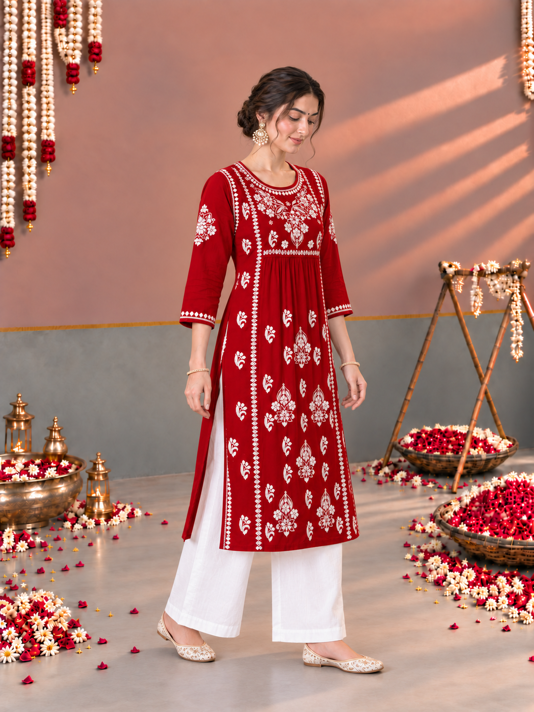 Sonia Chikankari Rayon Nyra-Cut Kurta