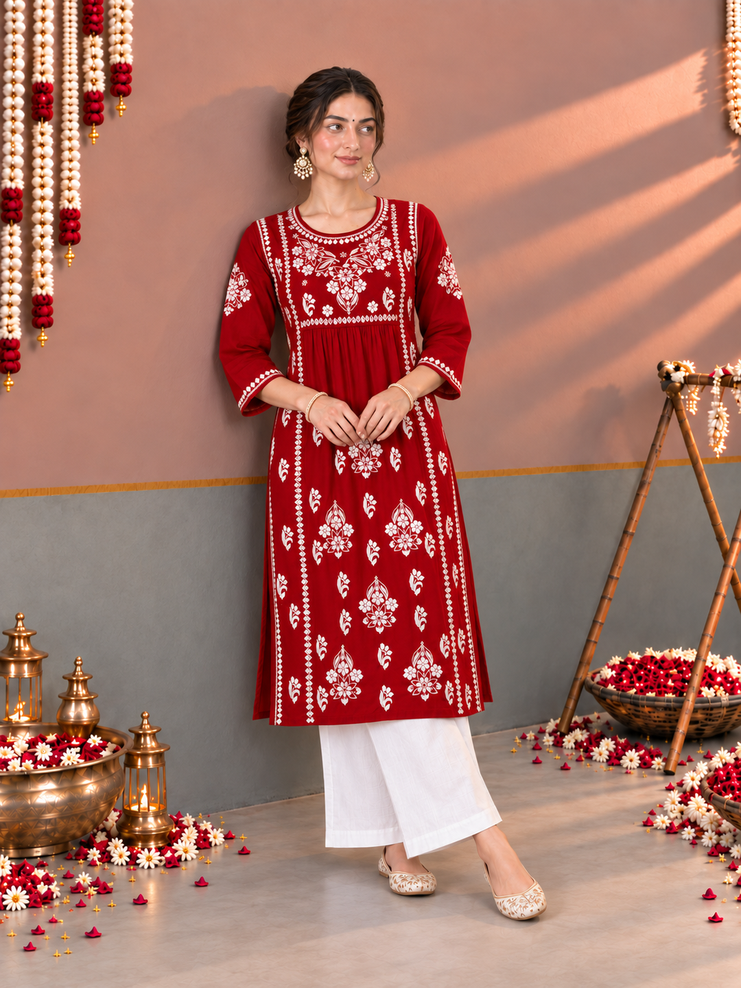 Sonia Chikankari Rayon Nyra-Cut Kurta