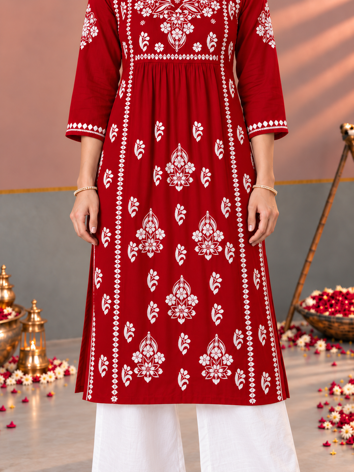 Sonia Chikankari Rayon Nyra-Cut Kurta