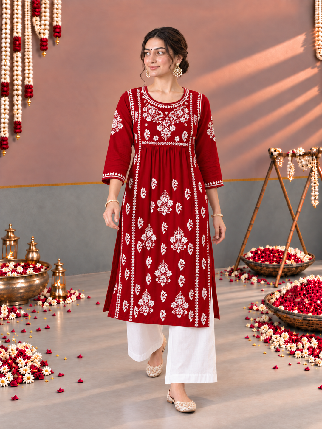 Sonia Chikankari Rayon Nyra-Cut Kurta