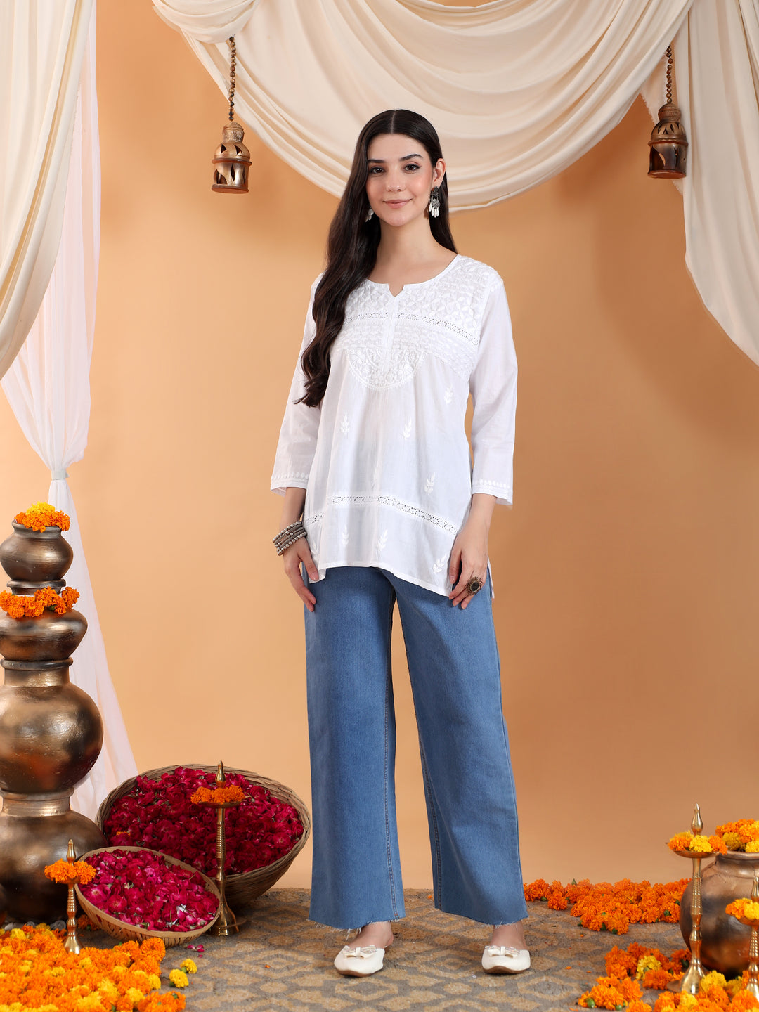 Riya Chikankari White Lace Cotton Short Kurti