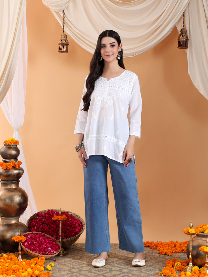 Riya Chikankari White Lace Cotton Short Kurti