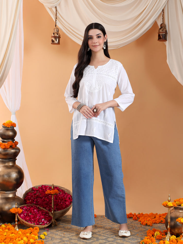 Riya Chikankari White Lace Cotton Short Kurti