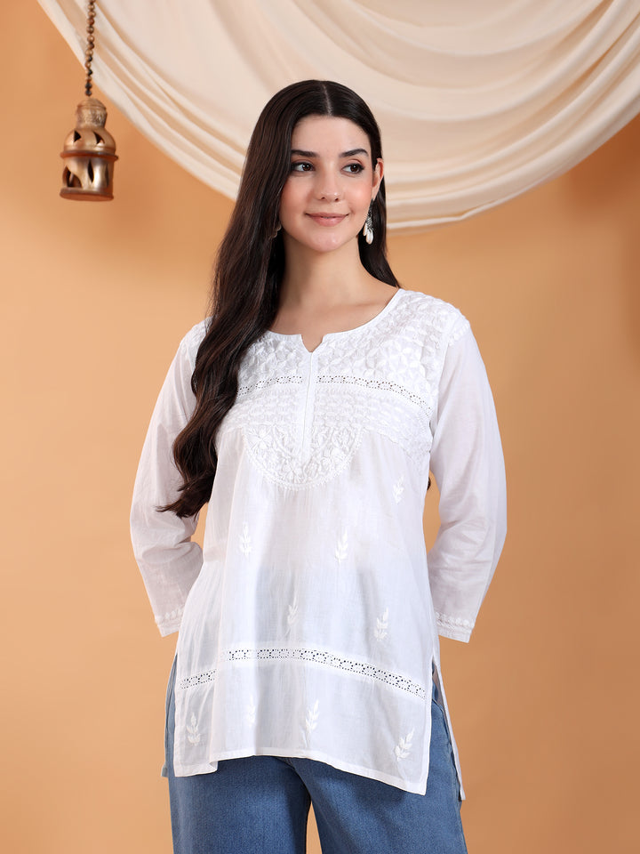 Riya Chikankari White Lace Cotton Short Kurti