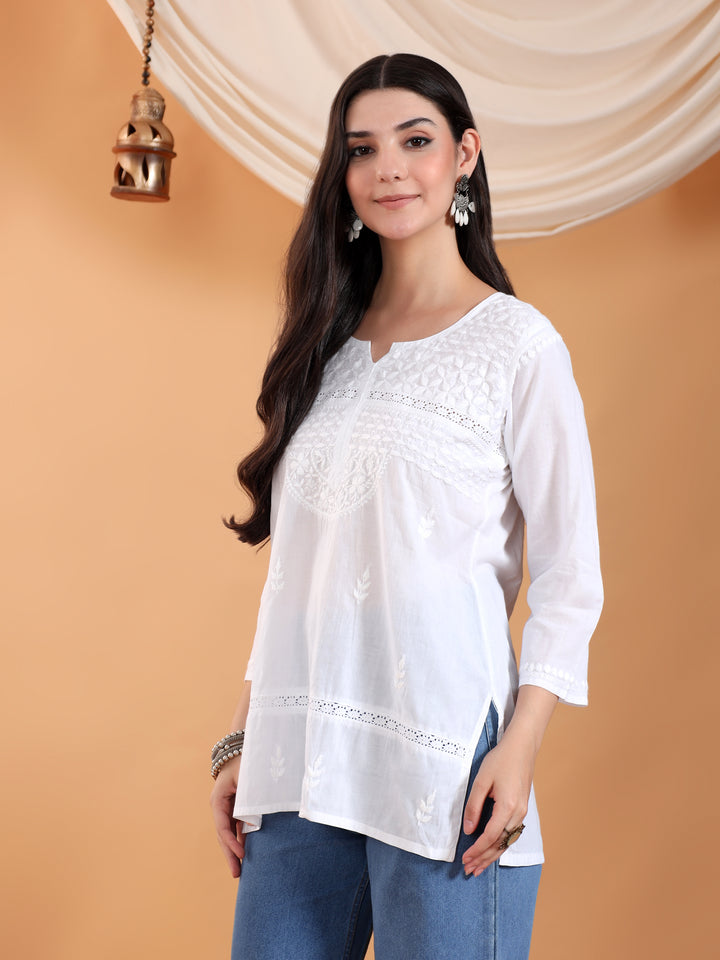 Riya Chikankari White Lace Cotton Short Kurti