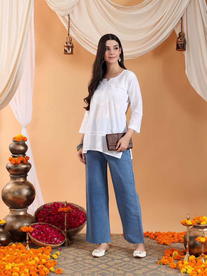 Riya Chikankari White Lace Cotton Short Kurti