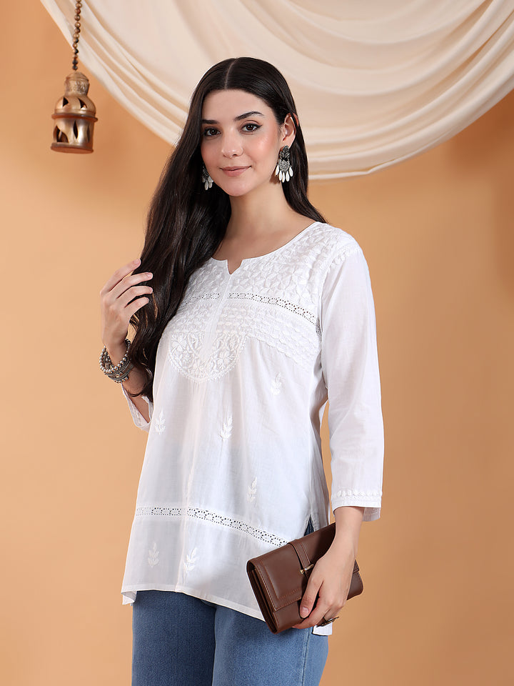 Riya Chikankari White Lace Cotton Short Kurti