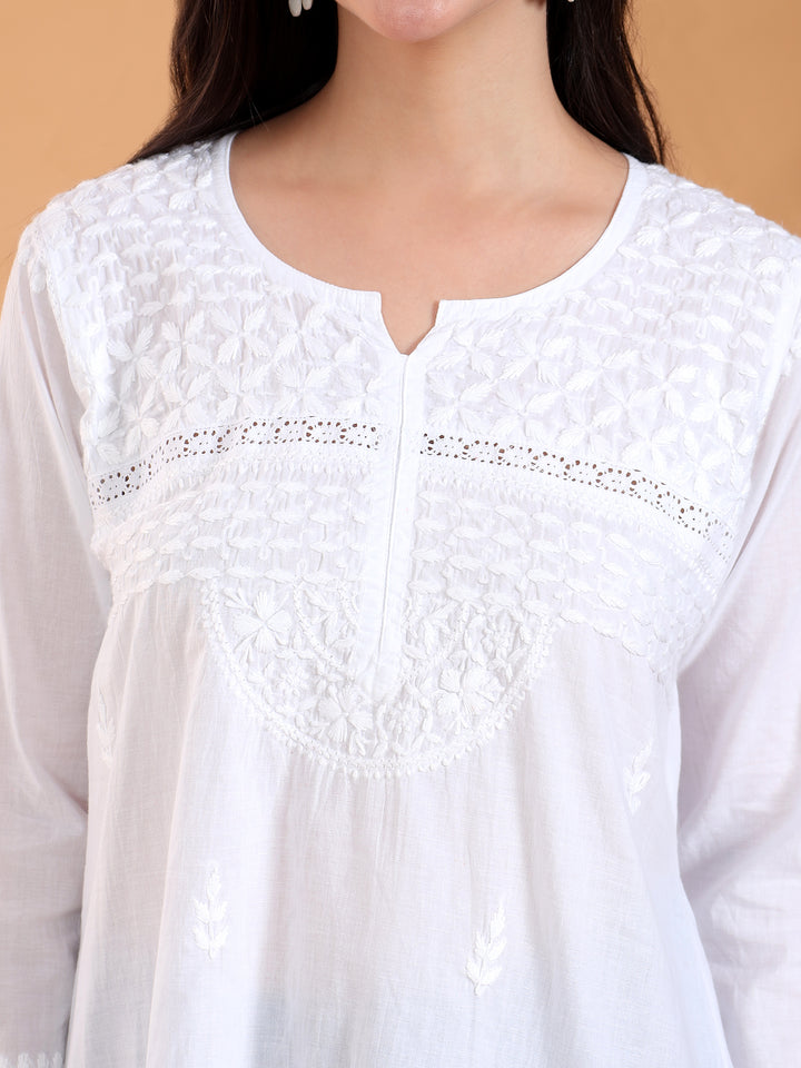 Riya Chikankari White Lace Cotton Short Kurti