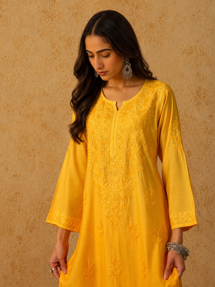Rooh Chanderi Chikankari Straight Kurta