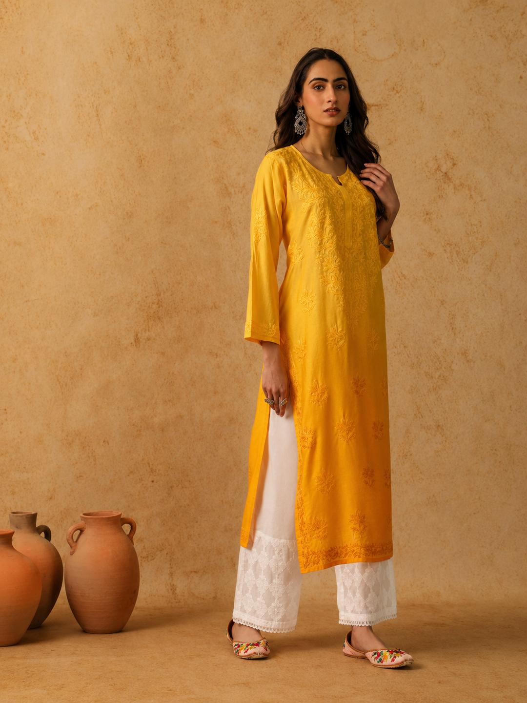 Rooh Chanderi Chikankari Straight Kurta