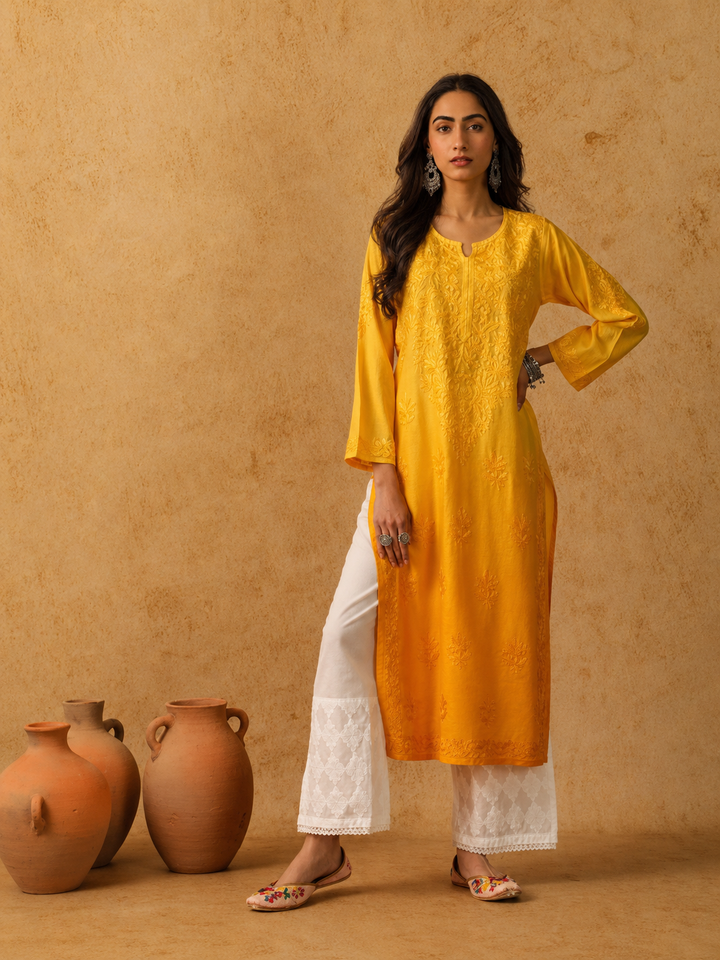 Rooh Chanderi Chikankari Straight Kurta