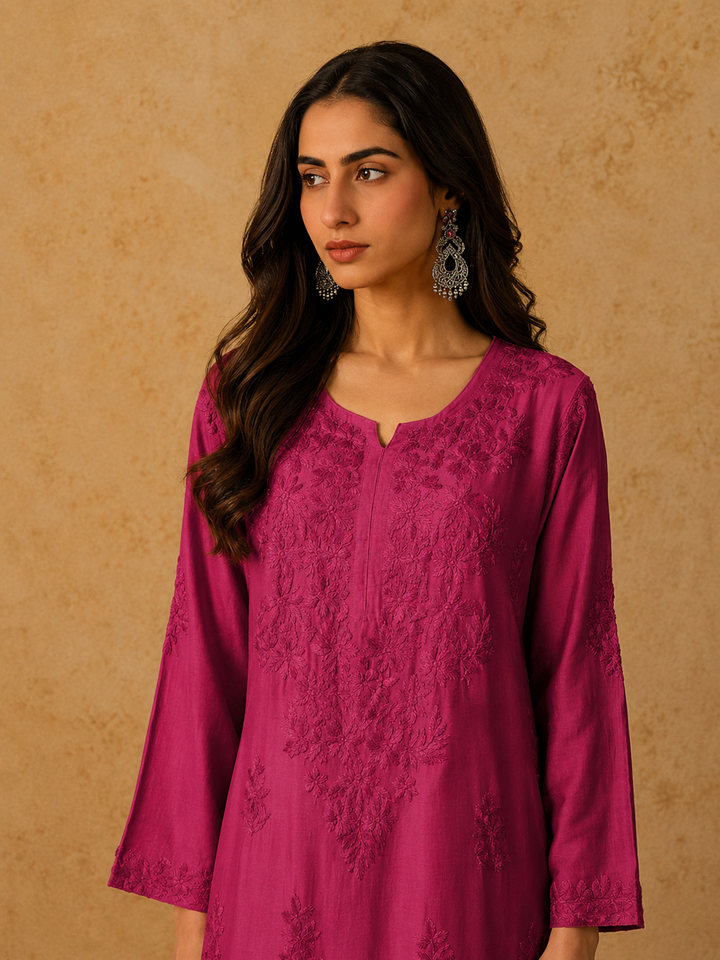Rooh Chanderi Chikankari Straight Kurta