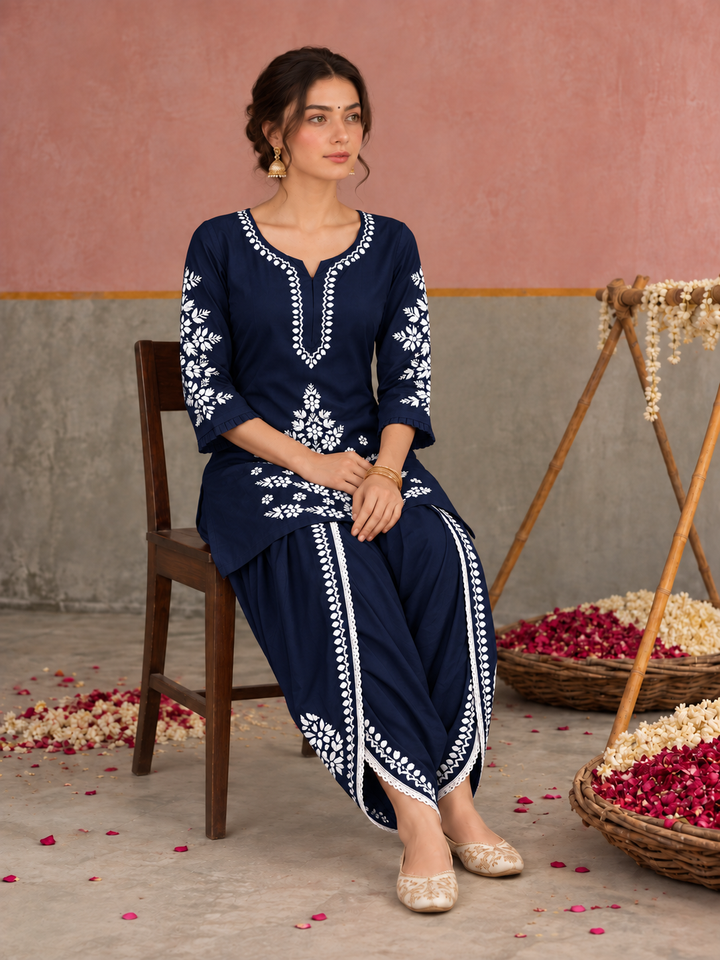 Sahiba Chikankari Rayon Short Kurti and Dhoti Pant Co-ord Set
