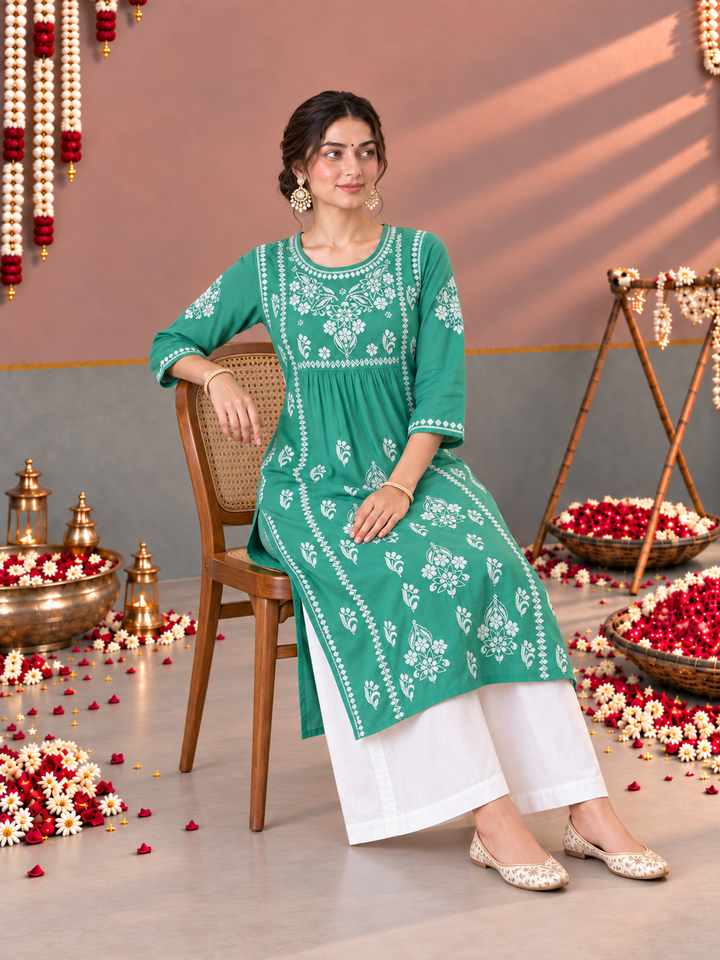 Sonia Chikankari Rayon Nyra-Cut Kurta