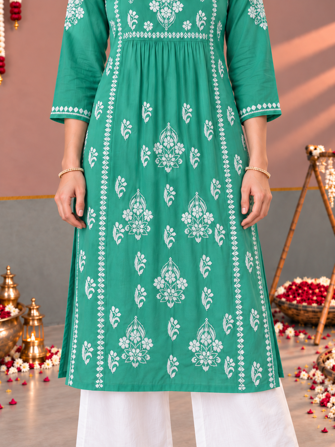 Sonia Chikankari Rayon Nyra-Cut Kurta