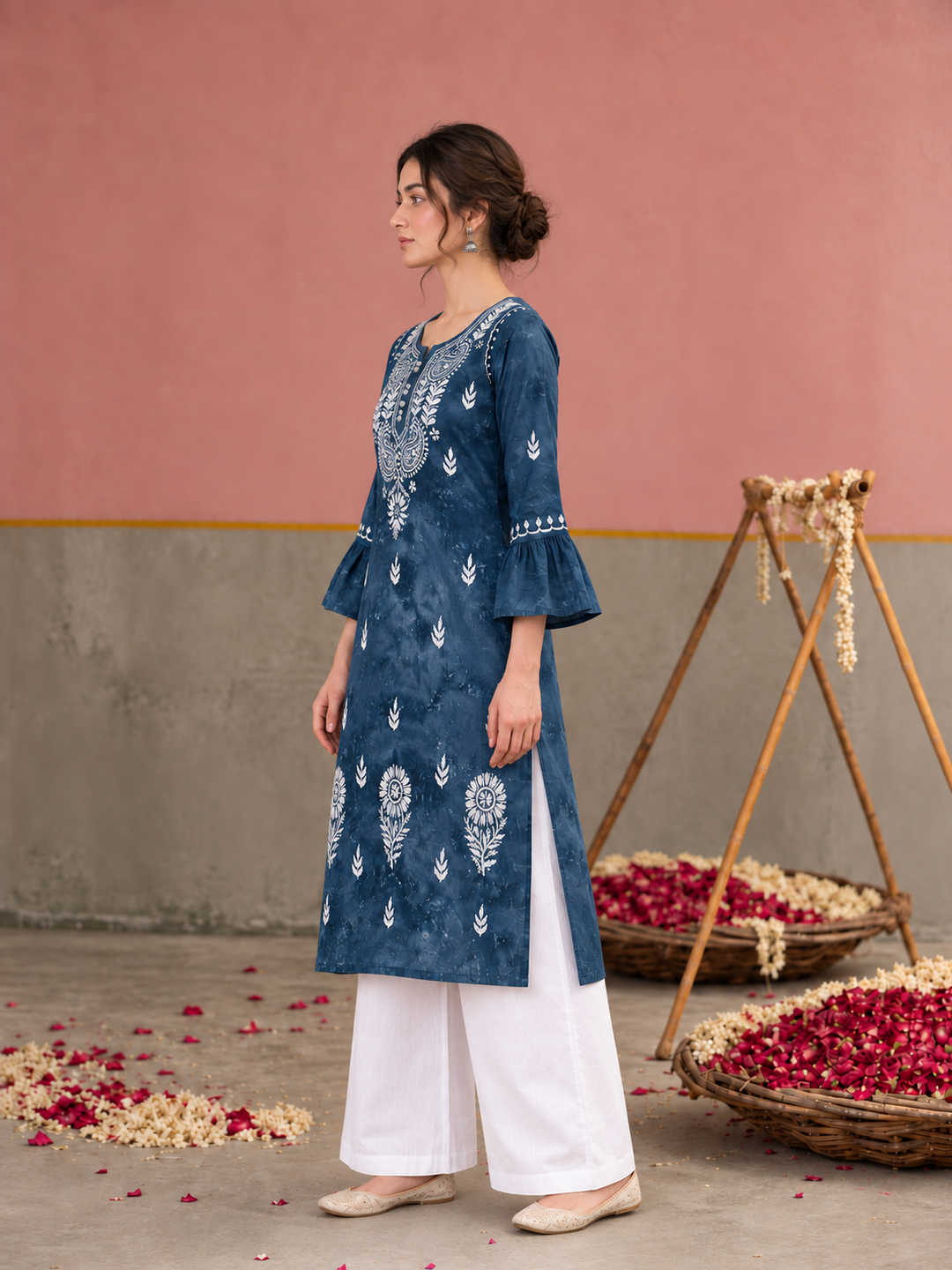 Rumi Denim Print Cotton Chikankari Straight Kurta