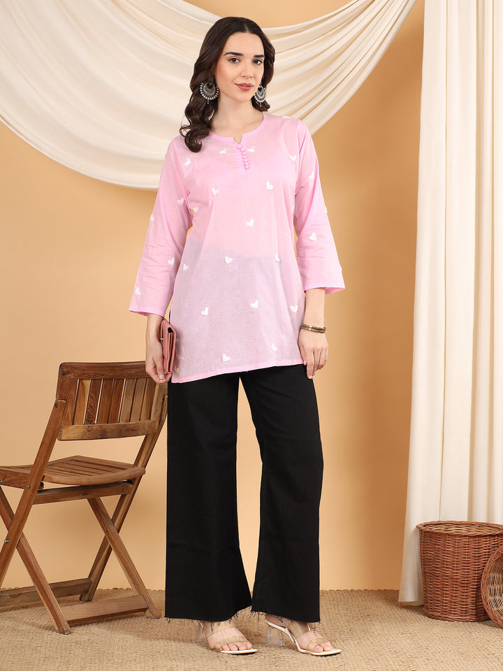 sitara Chikankari Cotton Short Kurti for Women – Handcrafted Lucknowi Chikan Kurta in Ivory with Floral Embroidery