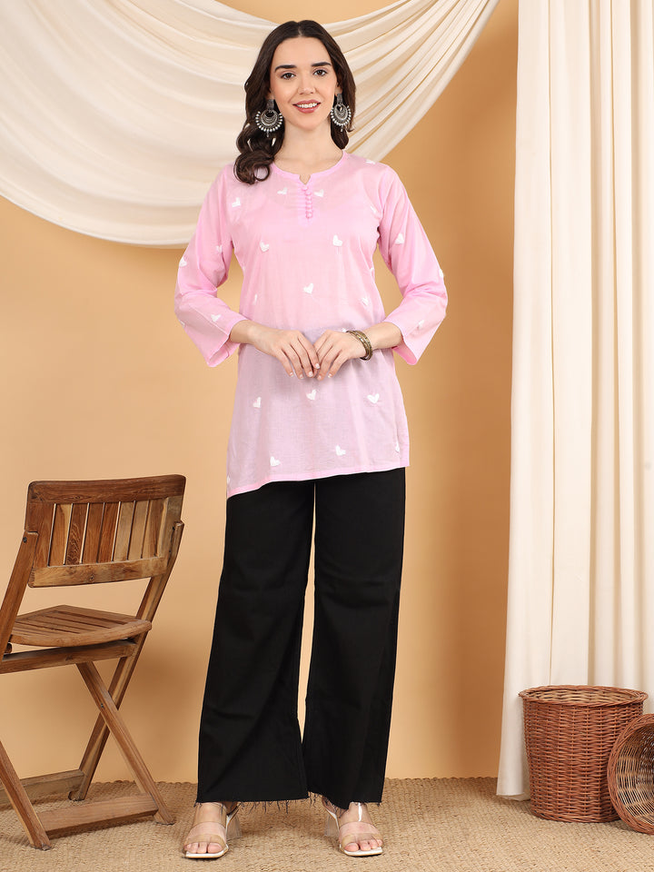 sitara Chikankari Cotton Short Kurti for Women – Handcrafted Lucknowi Chikan Kurta in Ivory with Floral Embroidery