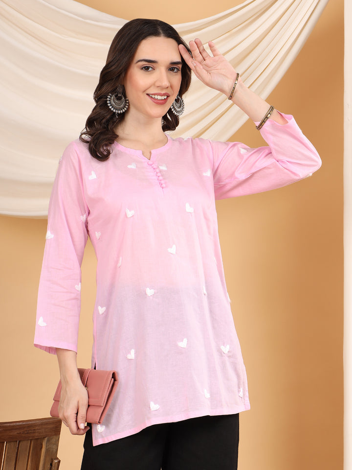 sitara Chikankari Cotton Short Kurti for Women – Handcrafted Lucknowi Chikan Kurta in Ivory with Floral Embroidery