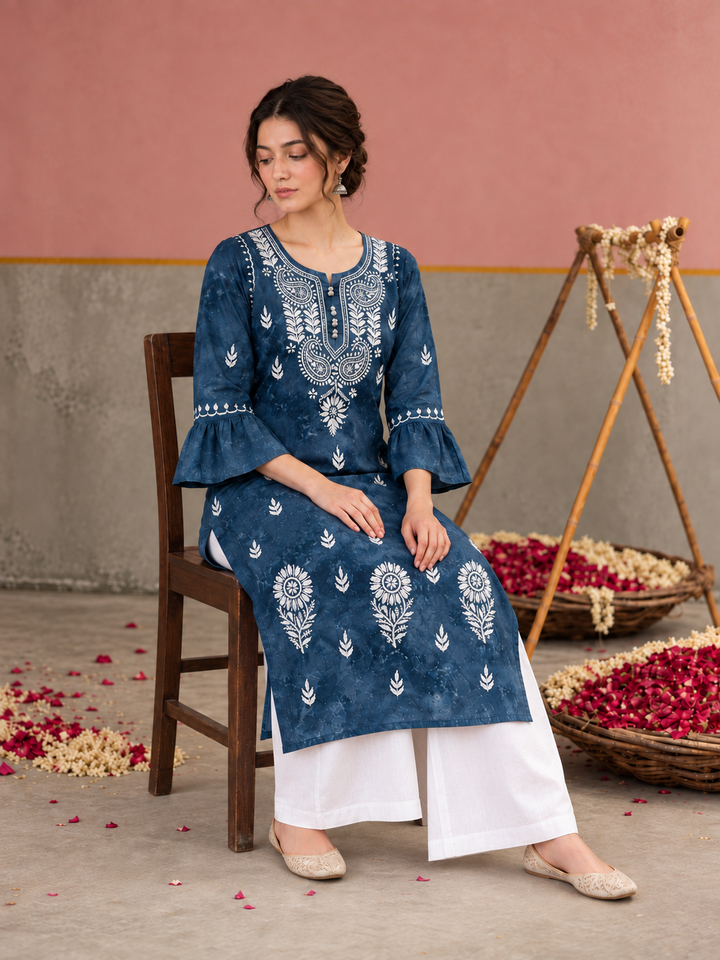 Rumi Denim Print Cotton Chikankari Straight Kurta