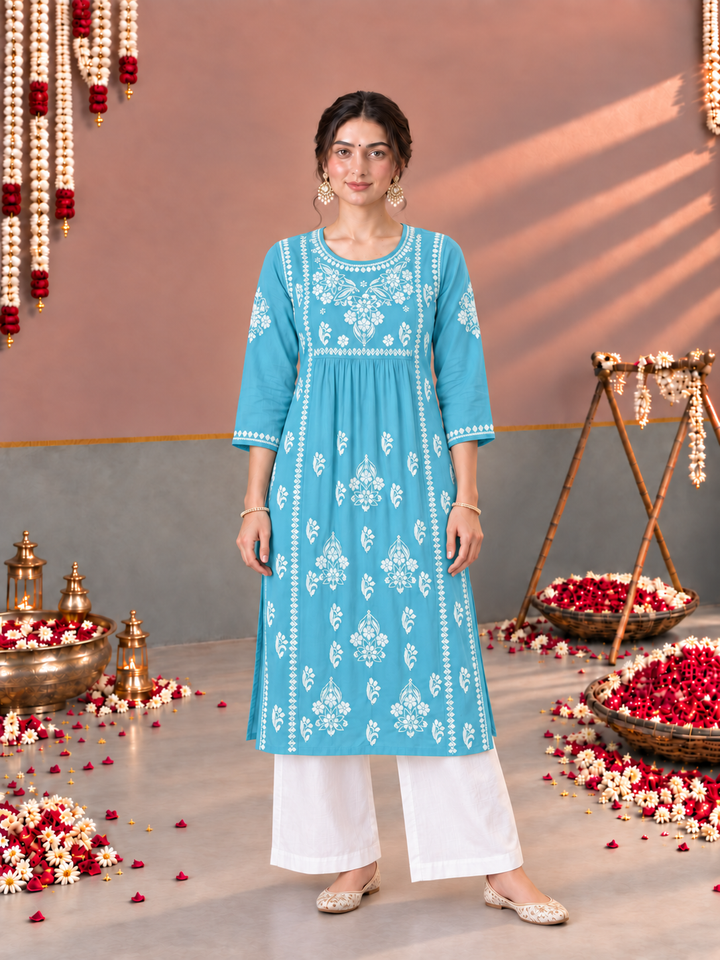 Sonia Chikankari Rayon Nyra-Cut Kurta
