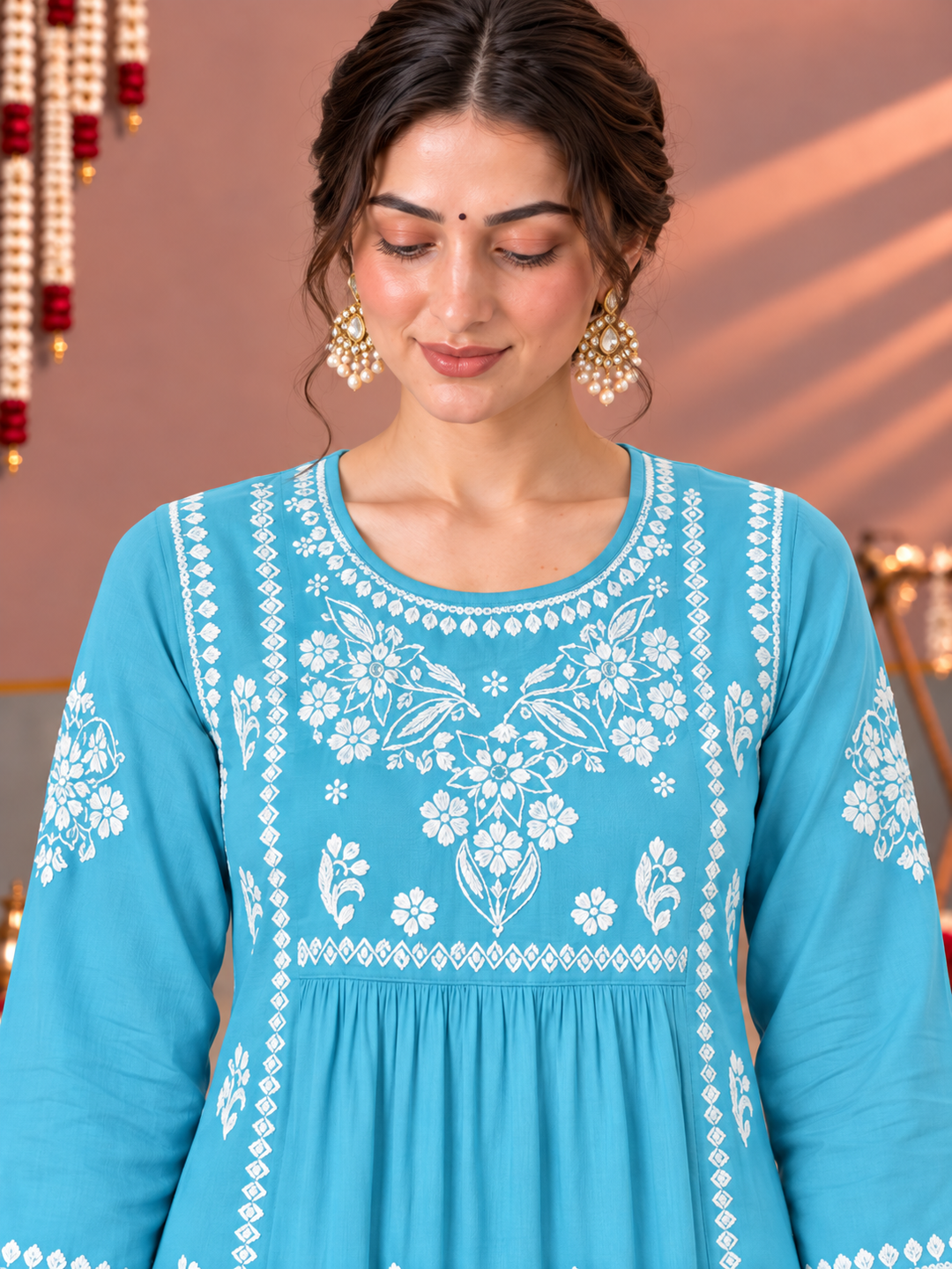 Sonia Chikankari Rayon Nyra-Cut Kurta