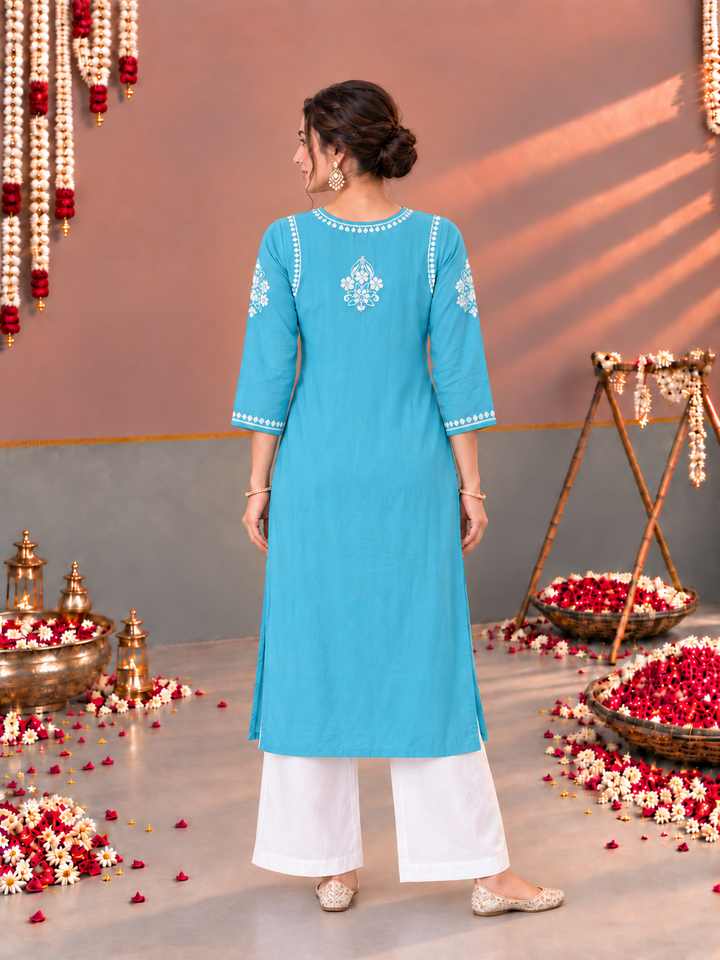 Sonia Chikankari Rayon Nyra-Cut Kurta
