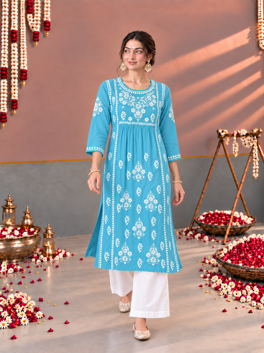 Sonia Chikankari Rayon Nyra-Cut Kurta