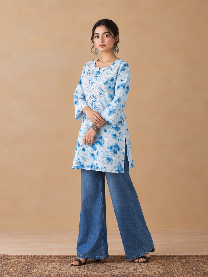 Vini Mulmul Print Chikankari Short Kurti