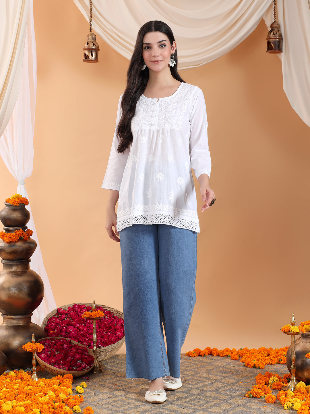 Tanu Chikankari White Lace Cotton Short Kurti