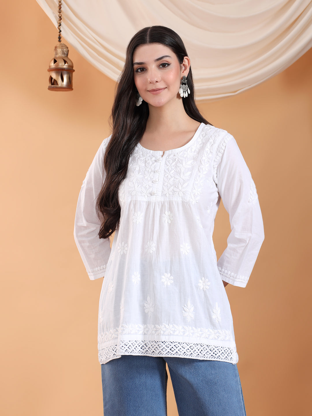 Tanu Chikankari White Lace Cotton Short Kurti