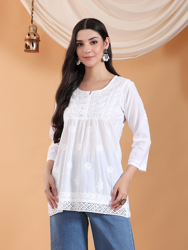 Tanu Chikankari White Lace Cotton Short Kurti