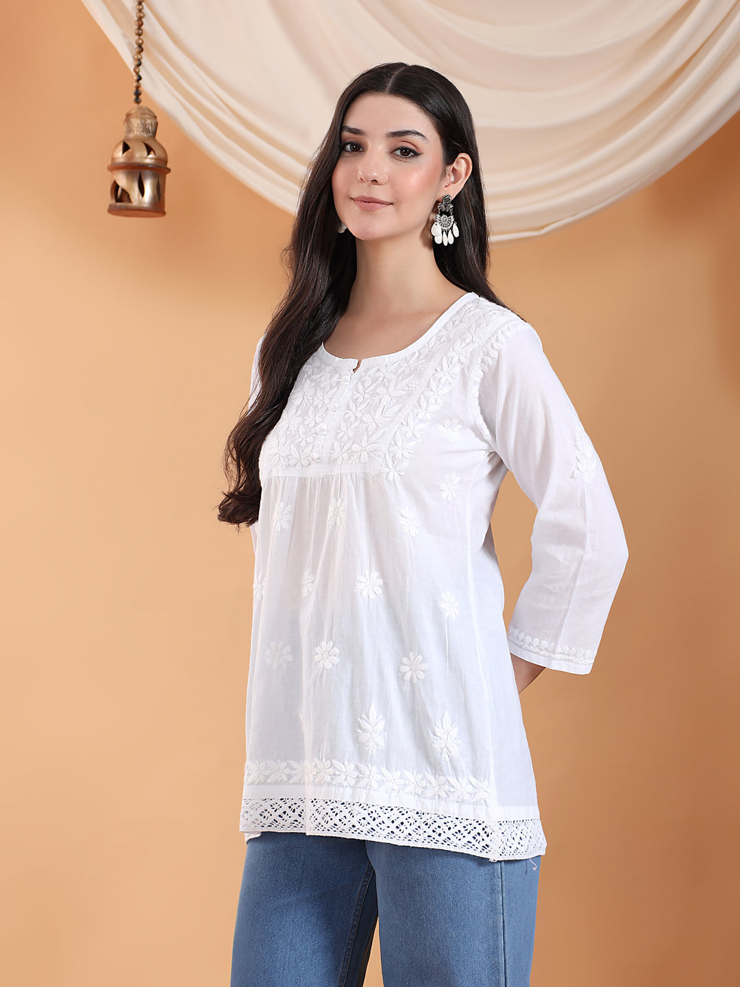 Tanu Chikankari White Lace Cotton Short Kurti