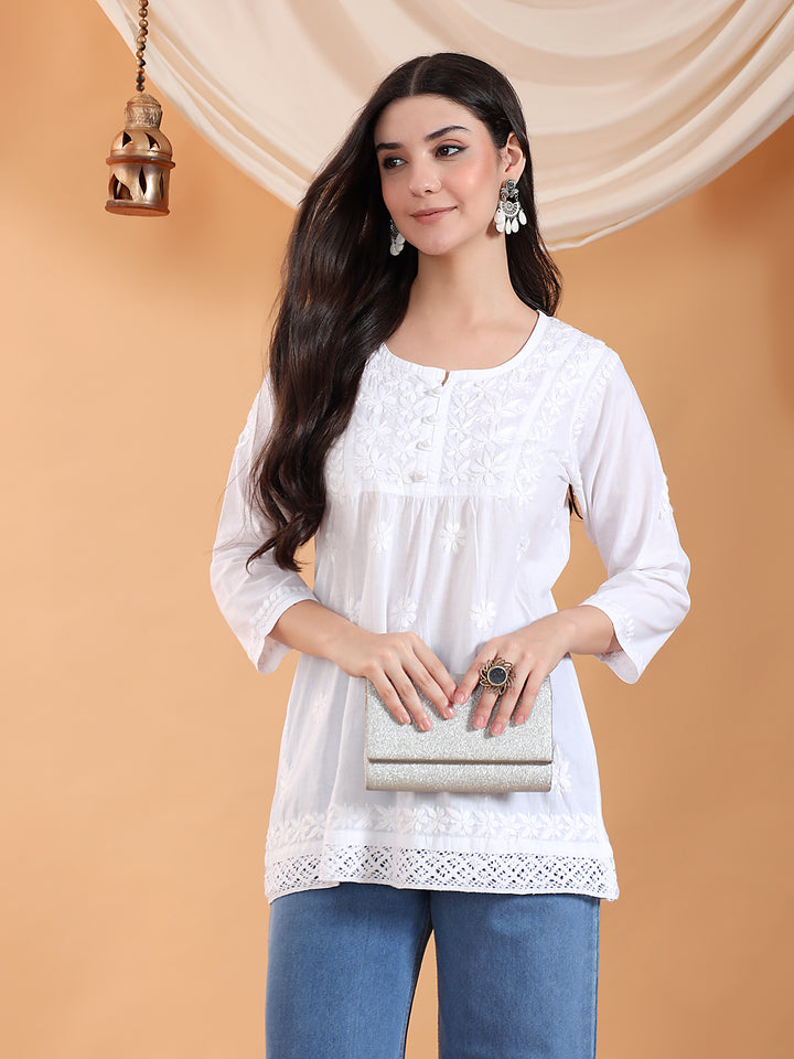 Tanu Chikankari White Lace Cotton Short Kurti