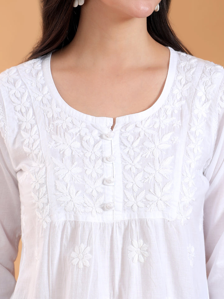 Tanu Chikankari White Lace Cotton Short Kurti