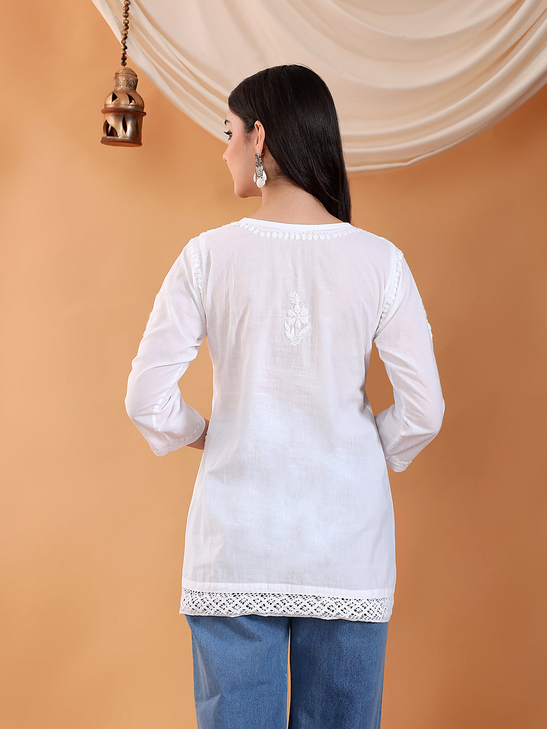 Tanu Chikankari White Lace Cotton Short Kurti