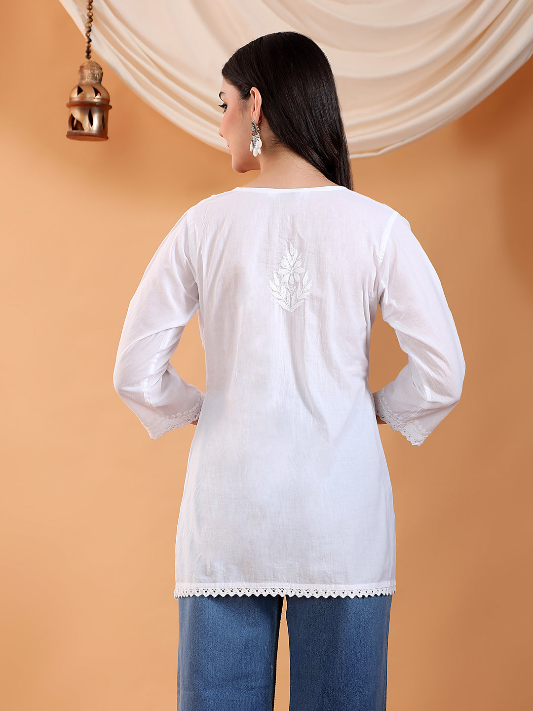 Tanya Chikankari White Lace Cotton Short Gown