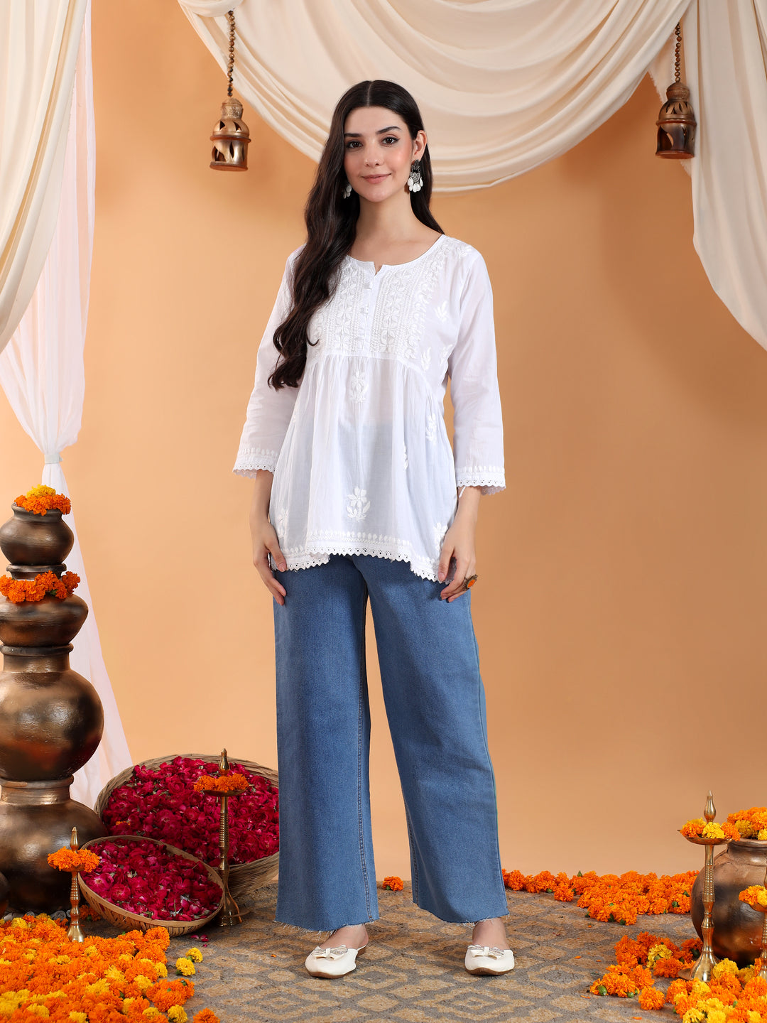 Tanya Chikankari White Lace Cotton Short Gown