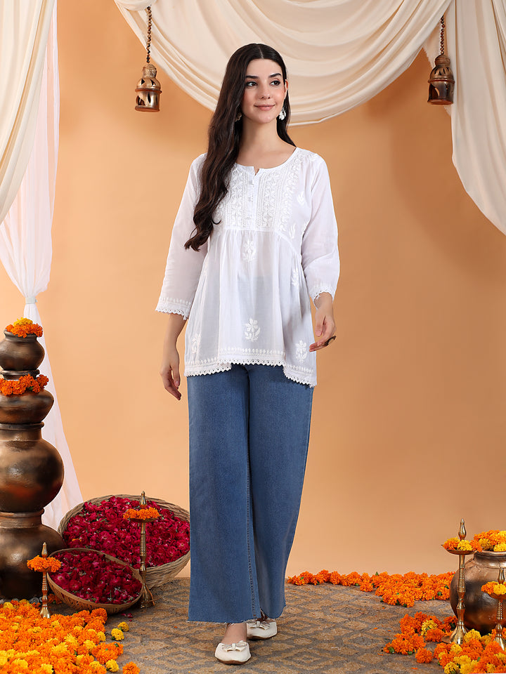 Tanya Chikankari White Lace Cotton Short Gown