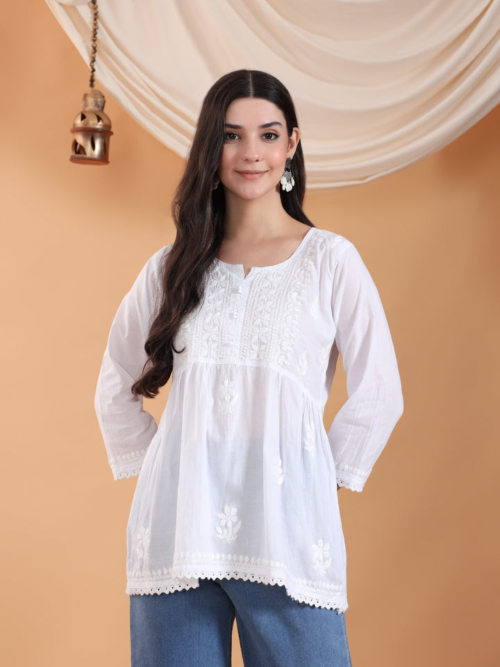 Tanya Chikankari White Lace Cotton Short Gown