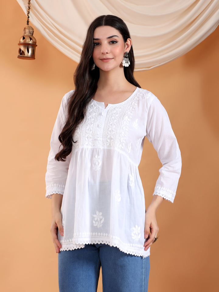 Tanya Chikankari White Lace Cotton Short Gown