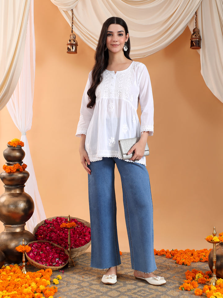 Tanya Chikankari White Lace Cotton Short Gown