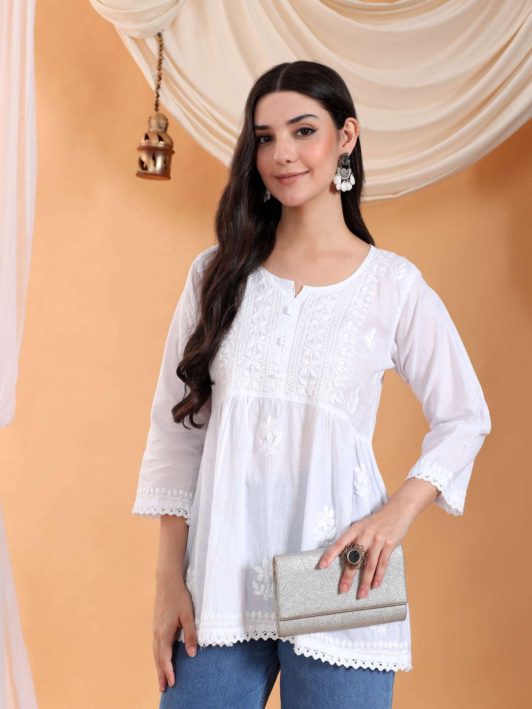 Tanya Chikankari White Lace Cotton Short Gown