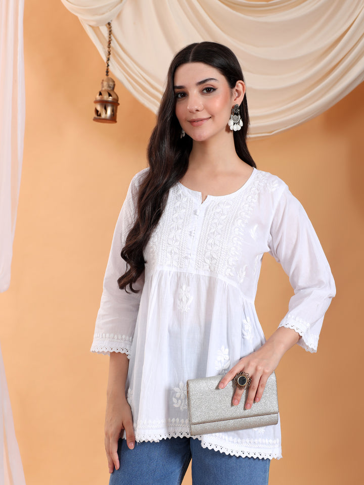 Tanya Chikankari White Lace Cotton Short Gown