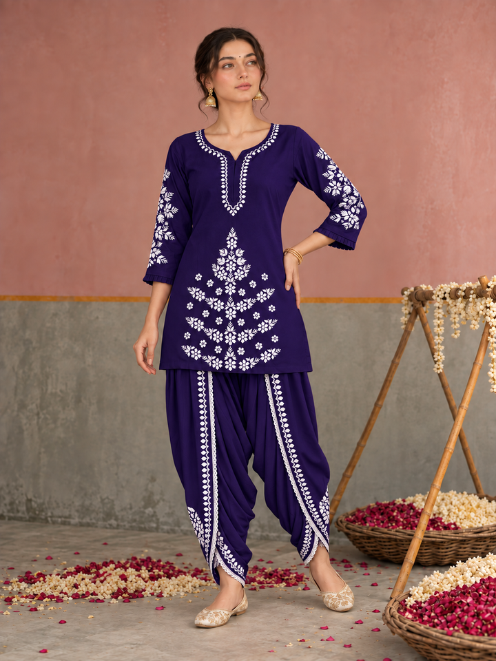 Sahiba Chikankari Rayon Short Kurti and Dhoti Pant Co-ord Set